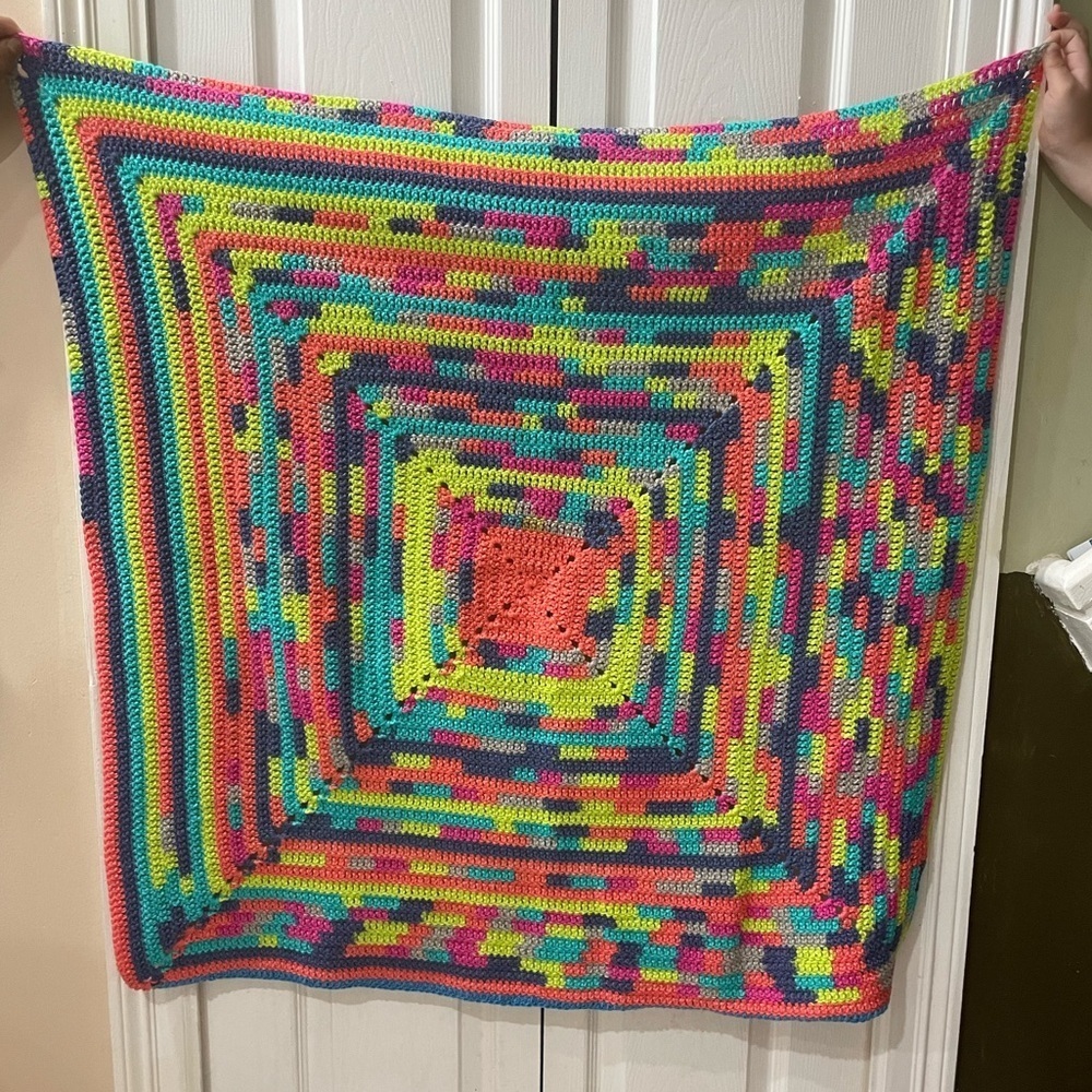 Grandma Handmade Crochet Blanket Wool 60’s Hippie Groovy Vibes colorful 37’x37’